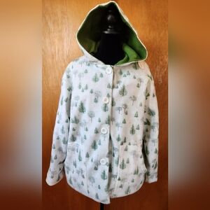 Forrest tree flanel button-up jacket with trees and snowflakes.